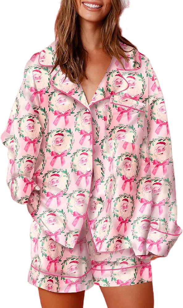 Faretumiya Women 2 Piece Christmas Pajamas Set Bow Tie Long Sleeve Shirt Ruffle Shorts Colorful S... | Amazon (US)