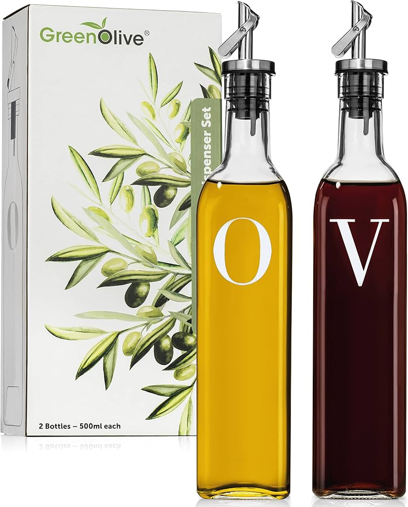 GREENOLIVE Professional Glass Oil and Vinegar Dispenser Set - Olive Oil Bottle with Pourer Caps, ... | Amazon (US)