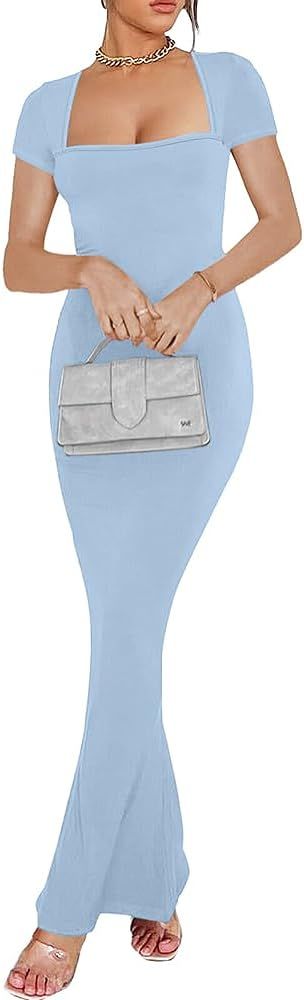 oten Maxi Dresses for Women 2024 Elegant Casual Square Neck Short Sleeve Dress Ribbed Lounge Long... | Amazon (US)
