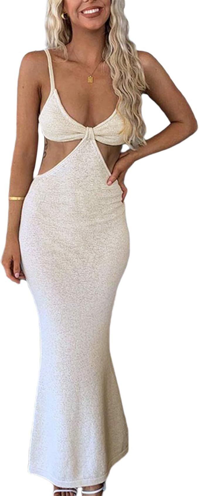 Amiblvowa Women Knit Cut Out Maxi Dress Sexy Spaghetti Strap Backless Ribbed Long Dresses Summer ... | Amazon (US)