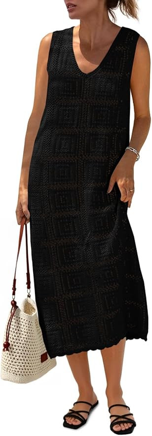 Fisoew Womens Crochet Sleeveless Dress Casual Summer V Neck Boho Knit Cover Up Beach Vacation Mid... | Amazon (US)