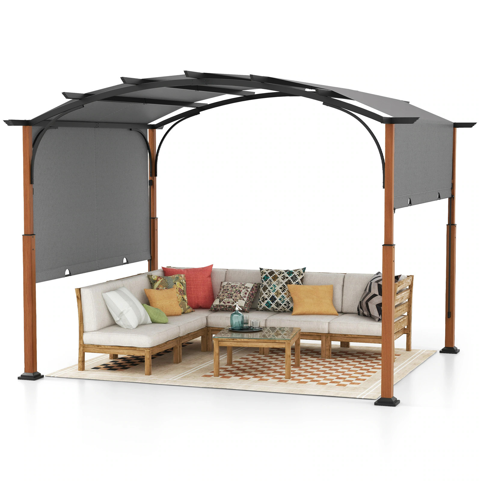 Slickblue 10 ft W x 12 ft L x 8.5 ft H Arched Metal Pergola with Retractable Canopy Beige/Grey for Garden Patio and Outdoor Events Polyester Large | Lowe's