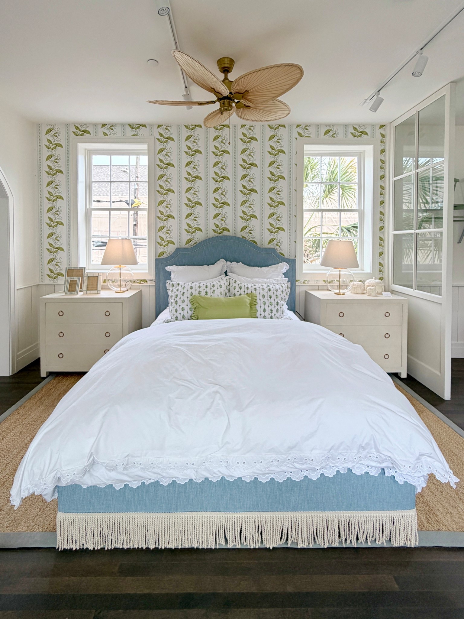 Coastal bedroom inspo featuring Serena & Lily! 🌊🐚This bright coastal contemporary space centers around the Tall Fillmore Bed with Natural Bullion Fringe, shown here in a beautiful blue fabric for a pop of color 🛏️ — but it can be customized in other fabrics to suit your style. 🩵🌿The Lily of the Valley Wallpaper in Pearl/Sky creates a stunning accent wall, while the Driftway Chest in Chalk keeps the look light and classic. 😍 A dreamy blend of coastal blues and layered details. Linked the whole look! ✨#SerenaAndLily
#CoastalHome #BedroomInspo

#LTKSaleAlert #LTKHome