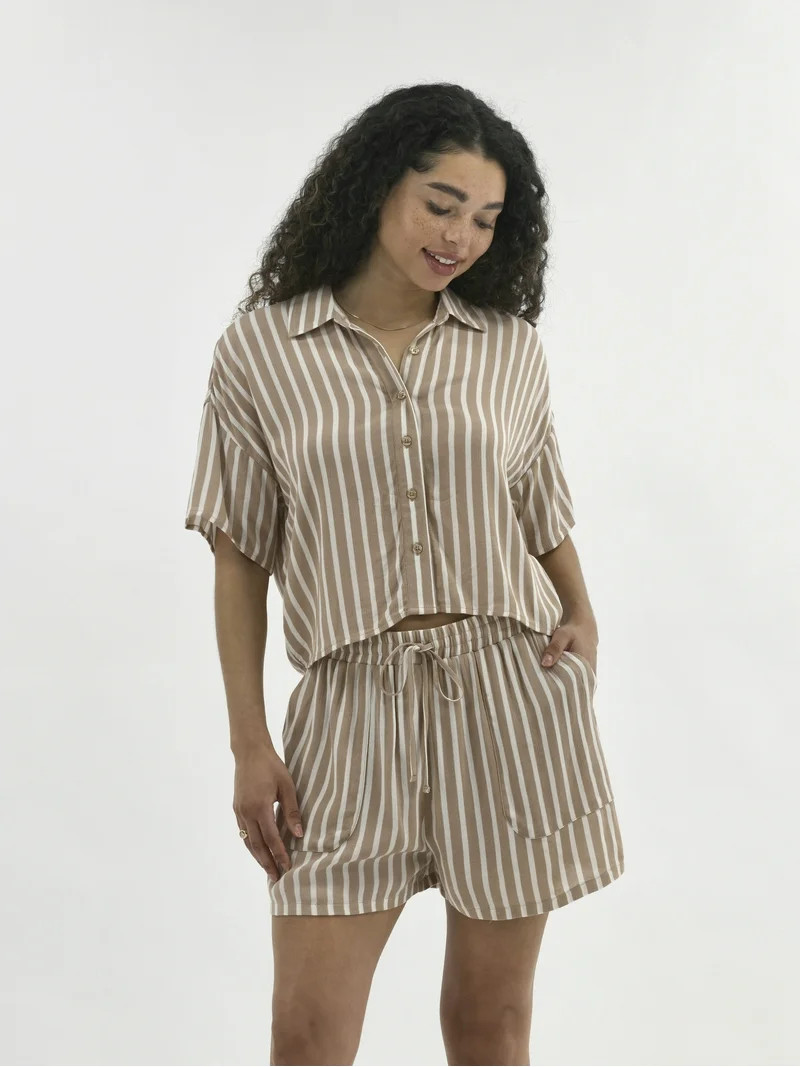 No Boundaries Woven Button Front Top and Shorts Set, 2-Piece, Women's | Walmart (US)