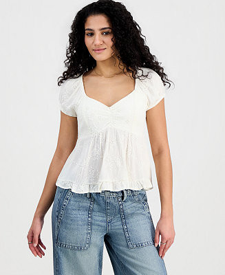 Hippie Rose Juniors' Short-Sleeve Embroidered Sweetheart-Neck Babydoll Top - Macy's | Macy's