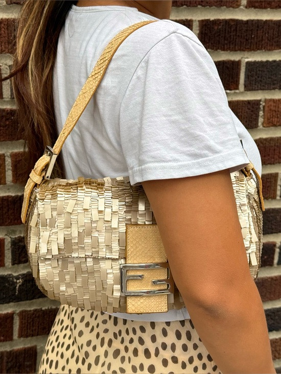 Vintage Fendi Gold Glitter Baguette Shoulder Bag w Snake Trim | Poshmark