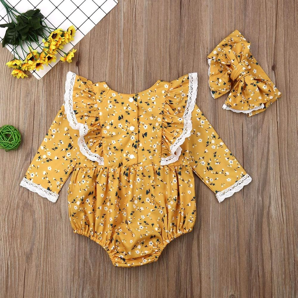 Newborn Baby Girls Floral Print Long Sleeve Round Neck Vintage Romper Infants Ruffles Jumpsuit | Amazon (US)