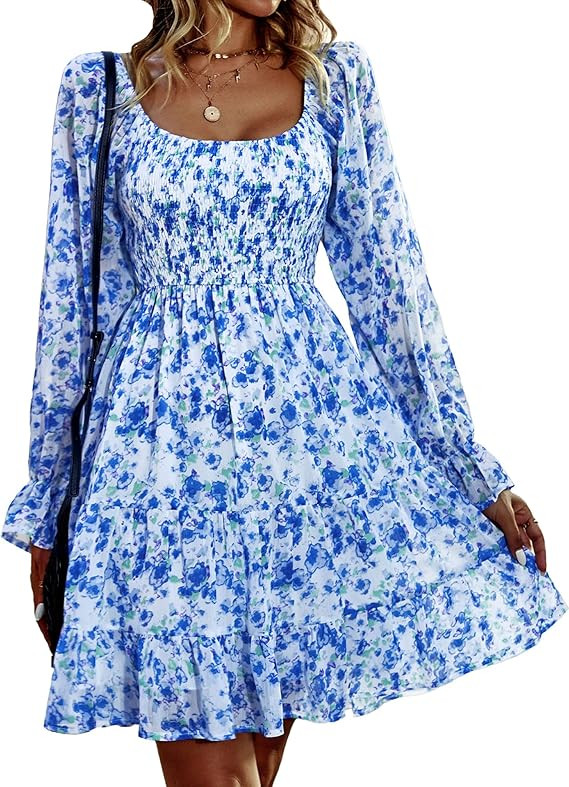 BTFBM Women 2023 Spring Summer Square Neck Smocked Dresses Long Sleeve Floral Swiss Dot Ruffle Pa... | Amazon (US)