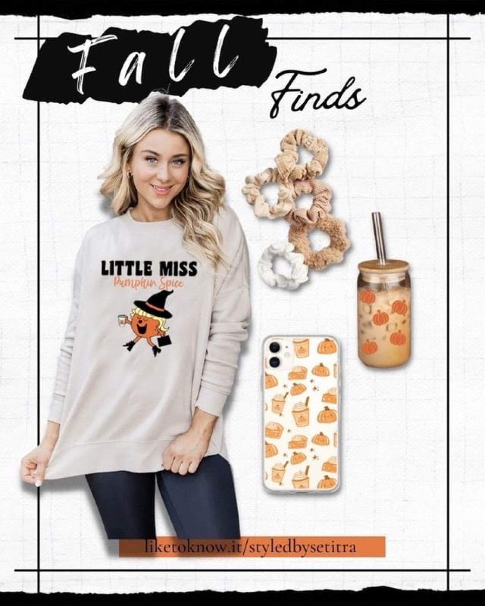 My picks for Fall. Cute cozy “Little Miss Pumpkin Spice” sweater. Paired with a cute pumpkin spice latte phone case, and reusable pumpkin glass cup.  Of course some cute beige scrunchies to complete the look. Great college outfit or school fit for a teen. Trendy fall outfits. 

#LTKSeasonal #LTKunder50 #LTKSale