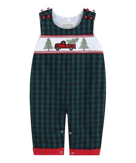 Lil Cactus Blue & Green Gingham Tree Truck Smocked Overalls - Infant & Toddler | Zulily