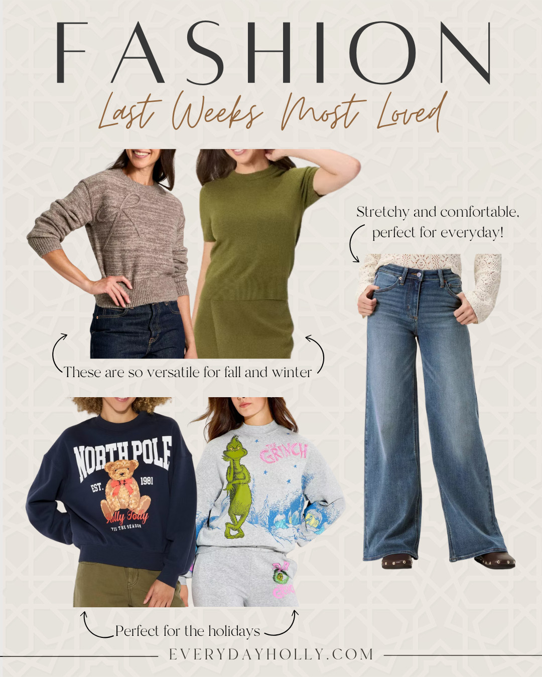 Last week's most loved fall and winter fashion pieces. Everyday sweaters, short sleeve sweater, wide leg jeans, holiday sweatshirts, crewneck sweatshirt, everydayholly 

 #LTKSeasonal #LTKPetite #LTKFindsUnder100