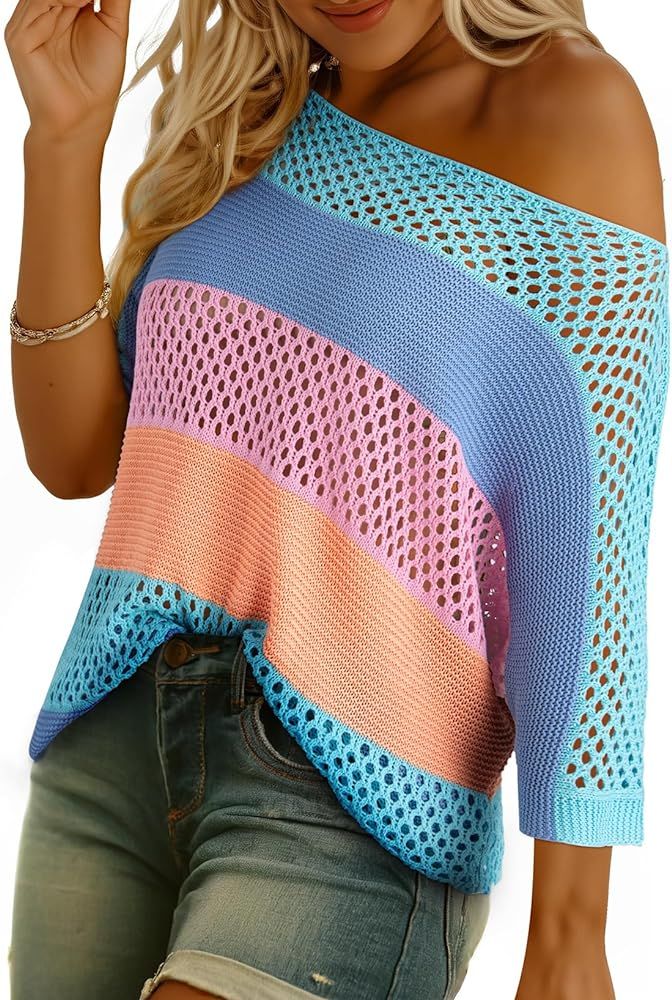 Dokotoo Womens 2024 Summer Color Block Striped Crochet Beach Cover Ups Sweaters Hollow Out Boho V... | Amazon (US)