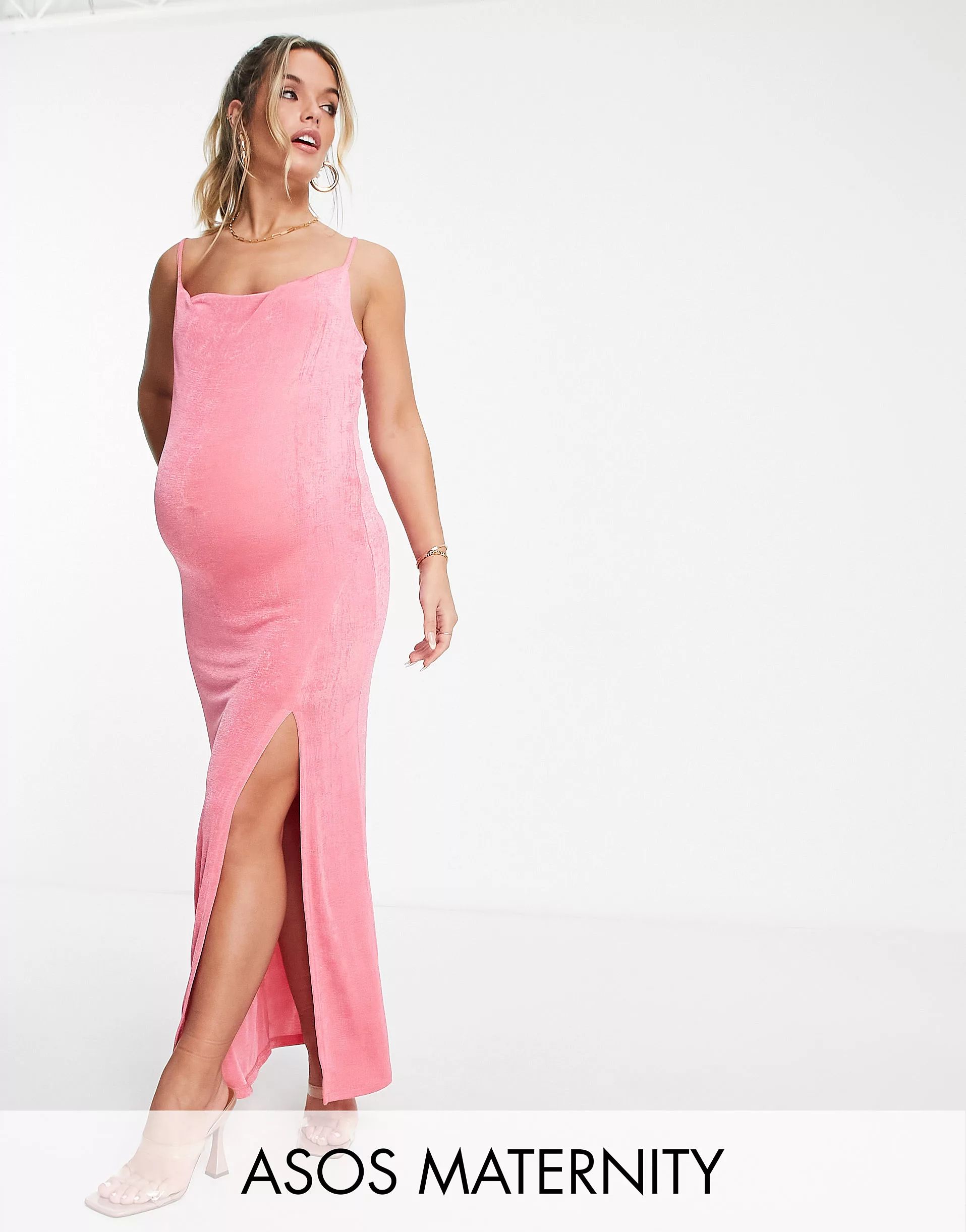 ASOS DESIGN Maternity slinky cowl neck beach maxi dress in pink | ASOS (Global)
