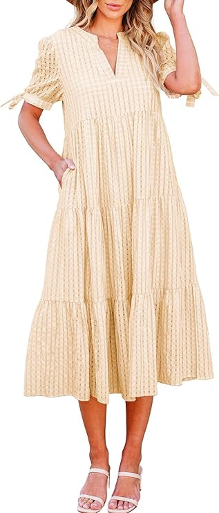 ECOWISH Women Summer Casual Dress - V Neck Short Sleeve Gingham Midi Pleated Tiered Loose Fit Hol... | Amazon (US)