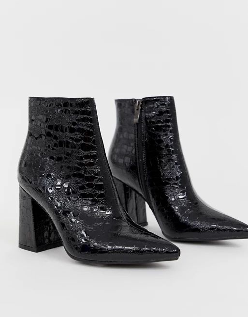 Public Desire Hollie black mock croc heeled ankle boots | ASOS US