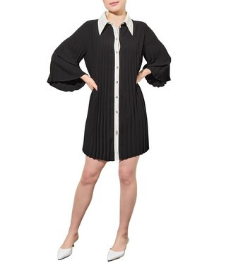 Crepe de Chine Pleated Contrast Trim Point Collar 3/4 Bell Sleeve Button-Front Shirt Dress | Dillard's