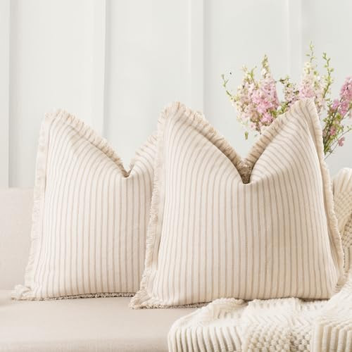 ZWJD Throw Pillow Covers 26x26 Set of 2 Striped Pillow Covers with Fringe Chic Cotton Decorative Pillows Square Cushion Covers for Sofa Couch Bed Living Room Farmhouse Decor | Amazon (US)