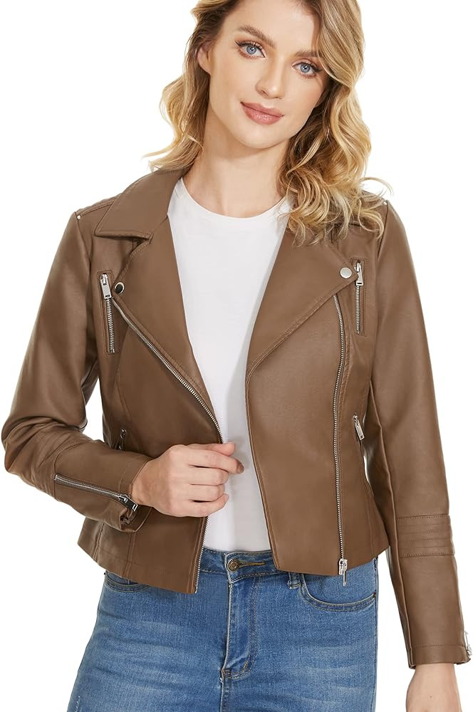 Fahsyee Faux Leather Jacket for Women, Vegan Jackets Moto Biker Motocycle Coat | Amazon (US)