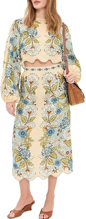 THLAI Women 2 Piece Skirt Sets Floral Print Bishop Sleeve Crop Top and Midi Skirt Summer Vacation... | Amazon (US)
