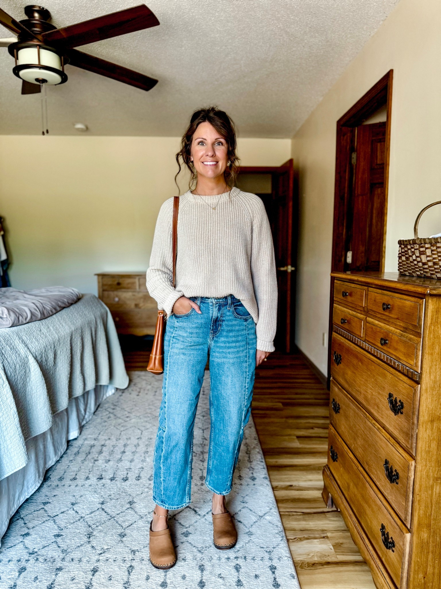 Wearing small in this sweater (I own in three colors and LOVE it), 0 petite in my barrel jeans and my true size 6 in my clogs! 

#LTKStyleTip #LTKPetite #LTKootd
