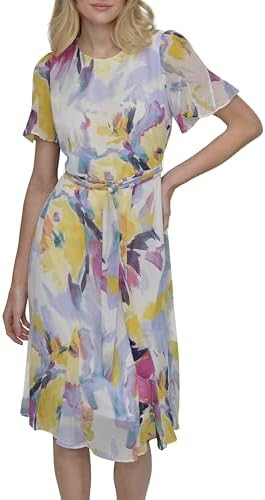 DKNY Women's Flutter Sleeve Round Neck Waist Tie Midi Dress | Amazon (US)