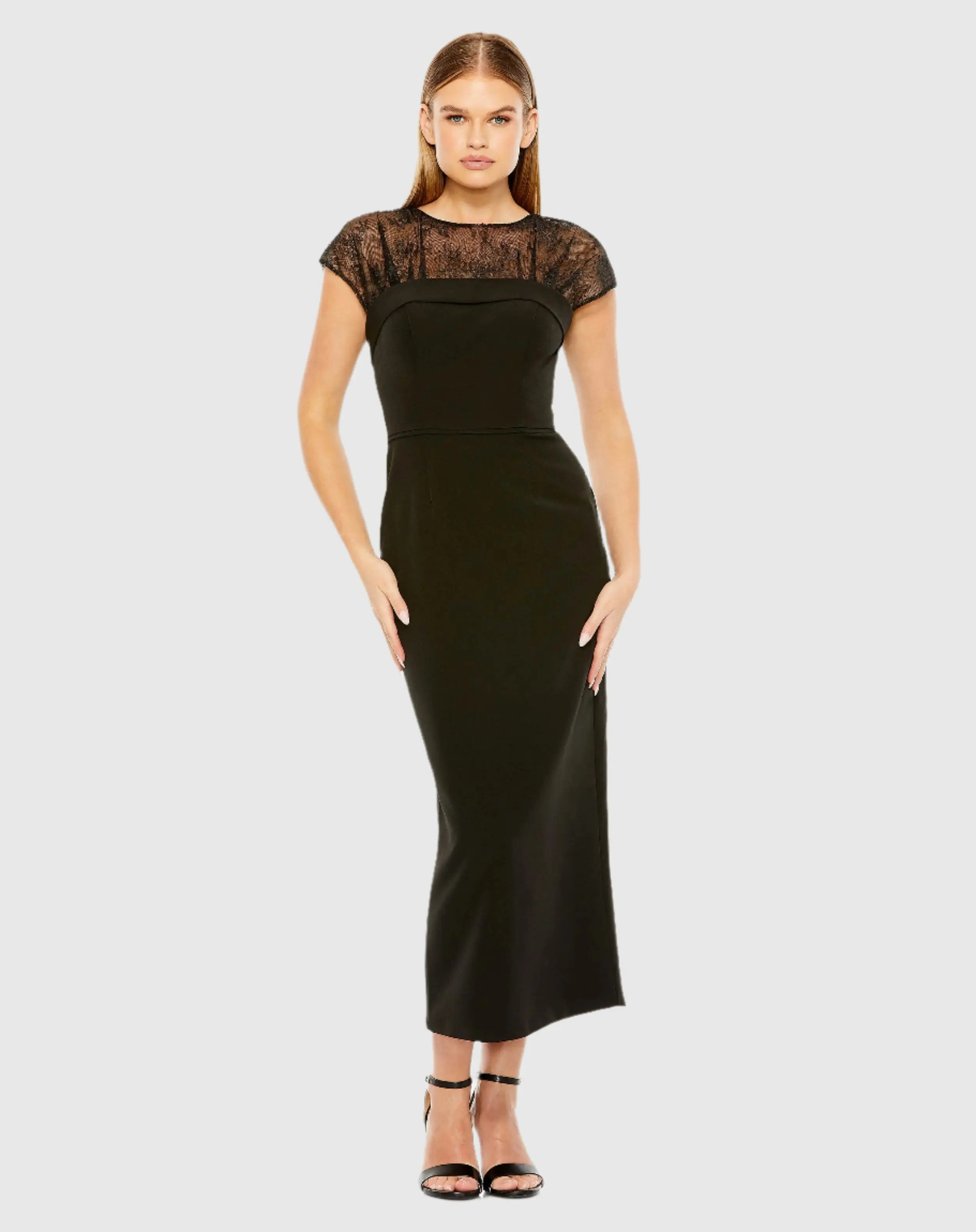 Sheer Lace Top Crepe Midi Dress - Mac Duggal | Mac Duggal
