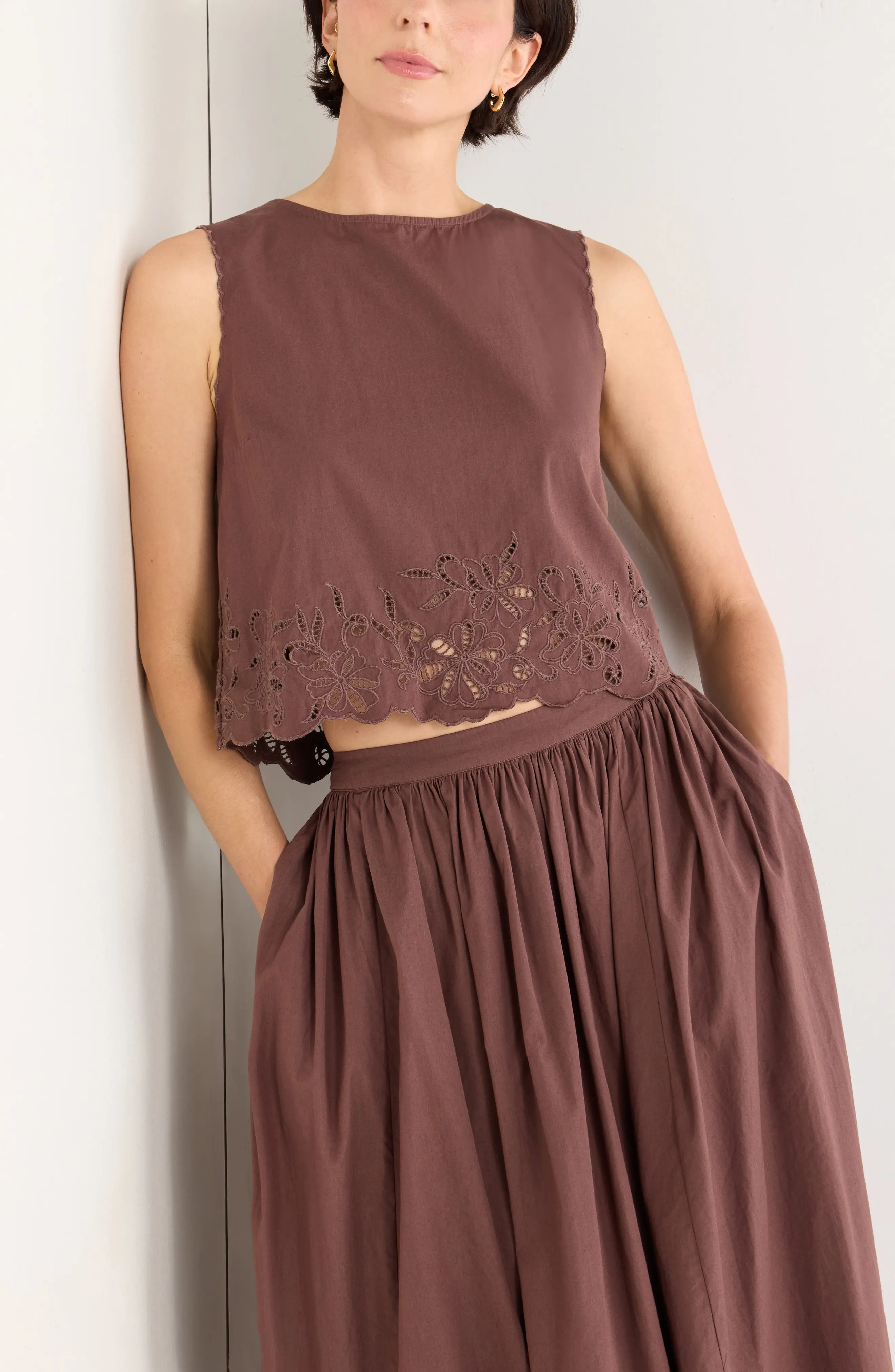 Nordstrom Schiffly Cotton Eyelet Shell in Brown Roast at Nordstrom Rack, Size X-Large | Nordstrom Rack