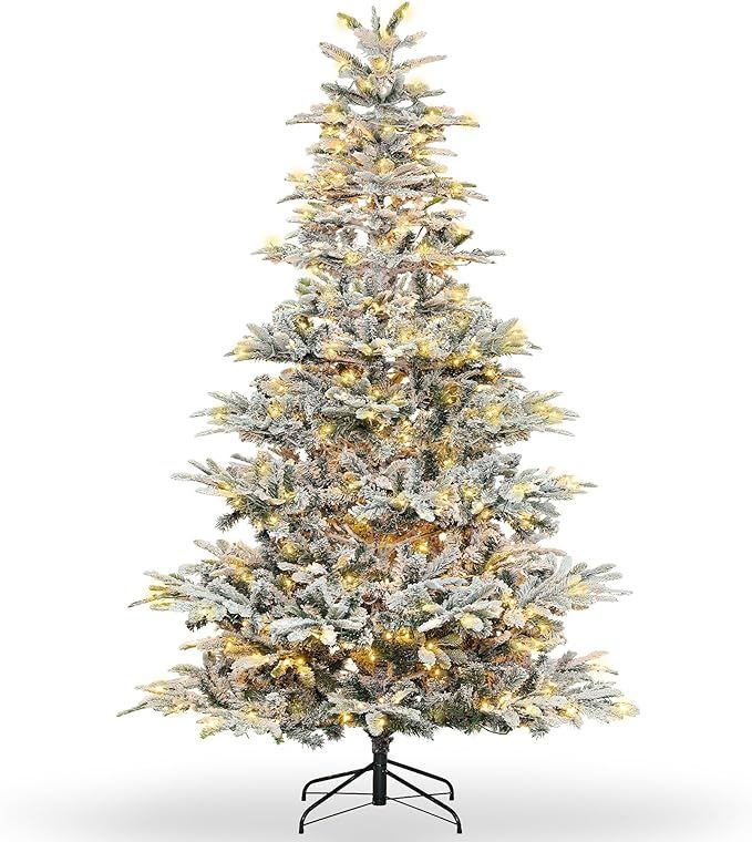 Prelit Flocked Christmas Tree 6FT Artificial Pine Christmas Tree with 400 Warm White LED Lights f... | Amazon (US)