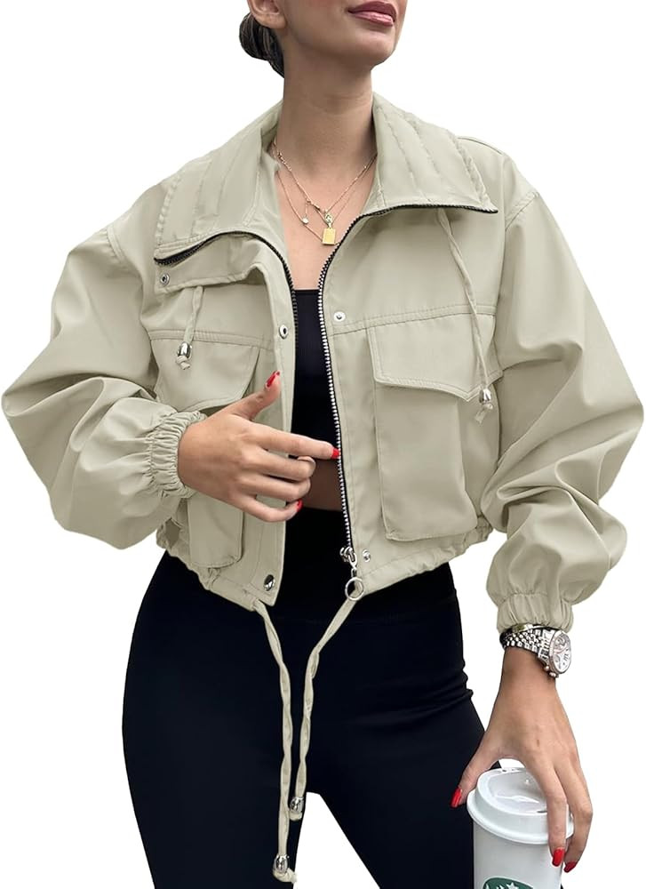 Tankaneo Womens Cropped Jacket Zip Up Lightweight Oversized Utility Anorak Coat with Pockets | Amazon (US)