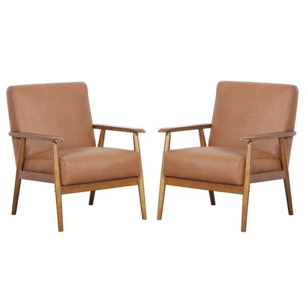 Home Square 2 Piece Wood Frame Faux Leather Accent Chair Set in Cognac Brown | Walmart (US)