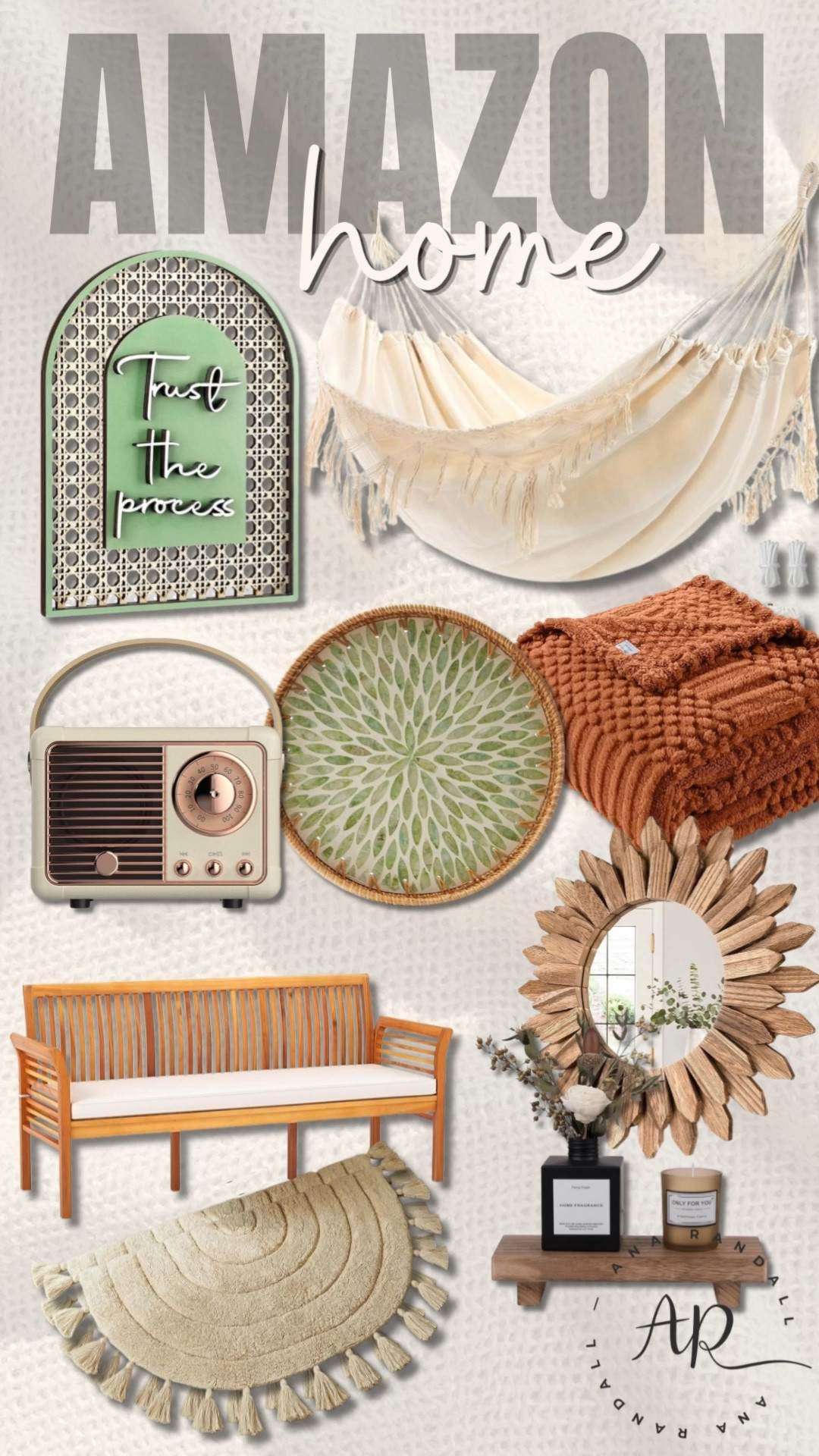 Amazon home finds to create a warm & intentional space 🤍✨

Your home should feel like a reflection of peace, beauty, and the life you’re building… and sometimes it’s the smallest details that make the biggest difference.

These are the pieces I’m loving to create a cozy, elevated atmosphere — warm tones, natural textures, and timeless accents that make any space feel more inviting.

Pieces in this collage:
• macramé hammock
• decorative wall art
• vintage-style radio
• textured throw blanket
• woven tray
• statement mirror
• neutral rug
• wooden bench & home accents

I truly believe your environment impacts your energy — this is your reminder to create a space that feels calm, beautiful, and aligned with your life 🤍

Everything is linked in my LTK ✨

XOXO,
Ana Randall 💗

#LTKMothersDay #LTKHome #LTKootd