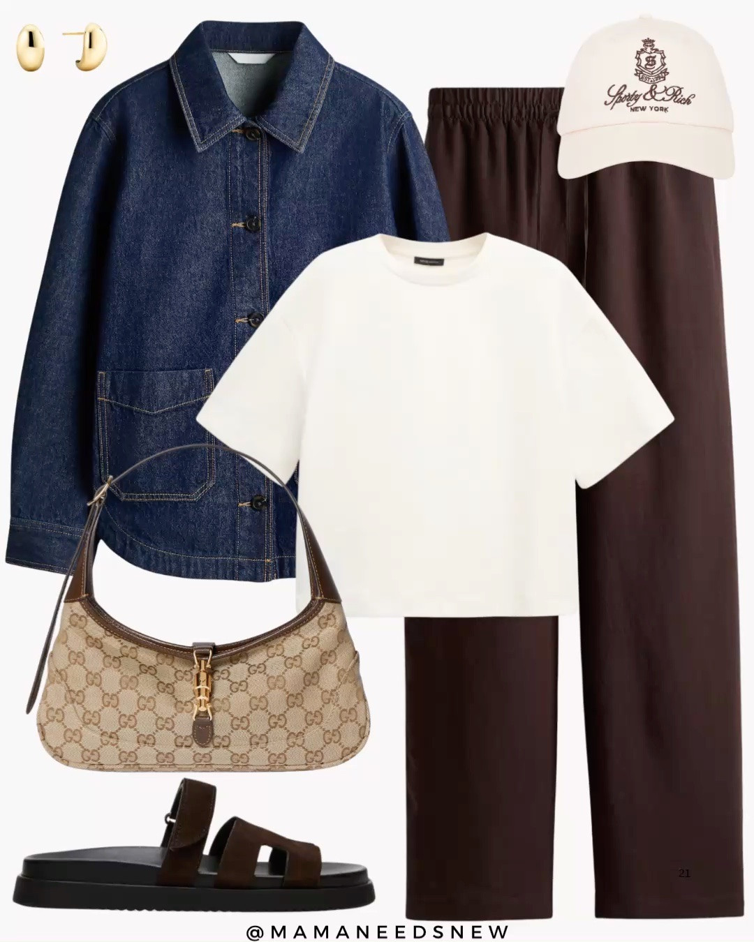 A spring outfit with a denim shacket, tshirt, pull on pants, cap, shoulder bag & slide sandals

#LTKSaleAlert #LTKSpringSale #LTKSeasonal