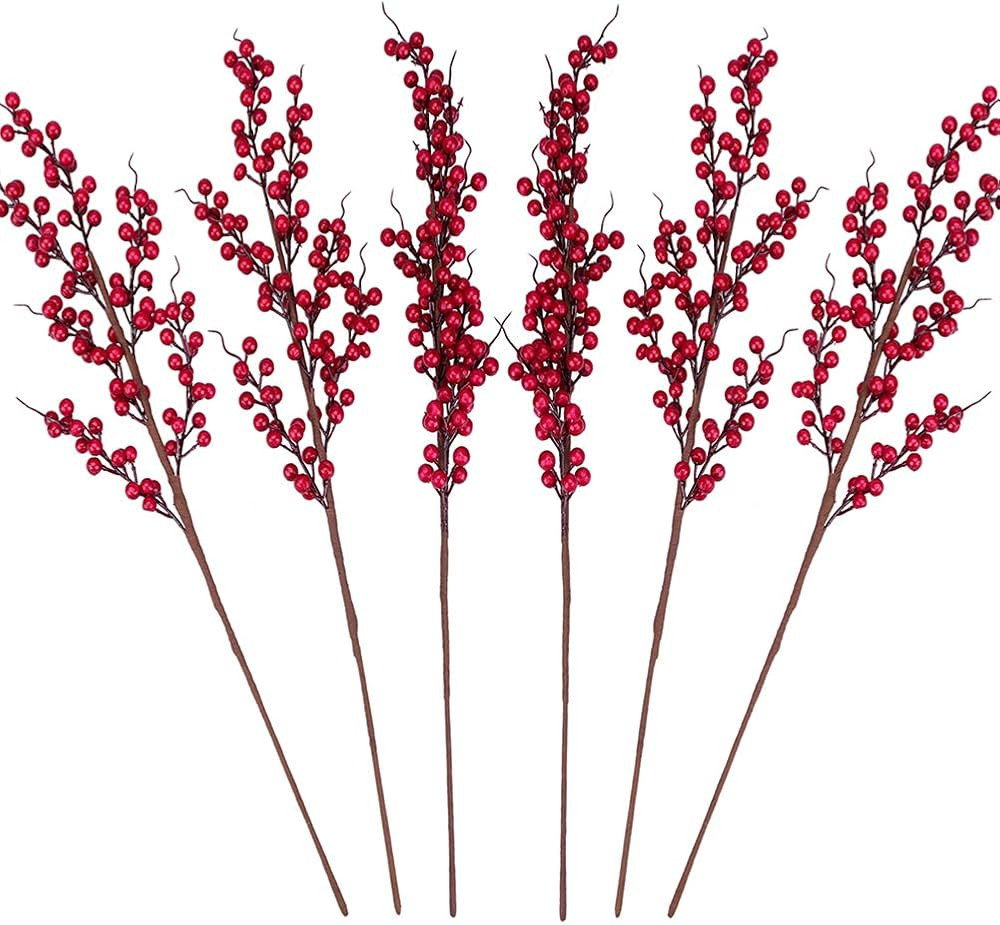 Amazon.com: GREENTIME 6 Pack Red Artificial Long Berry Stems Fake 25.2" Christmas Picks Faux Holl... | Amazon (US)