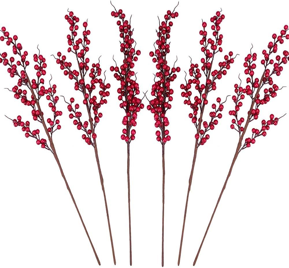 Amazon.com: GREENTIME 6 Pack Red Artificial Long Berry Stems Fake 25.2" Christmas Picks Faux Holl... | Amazon (US)