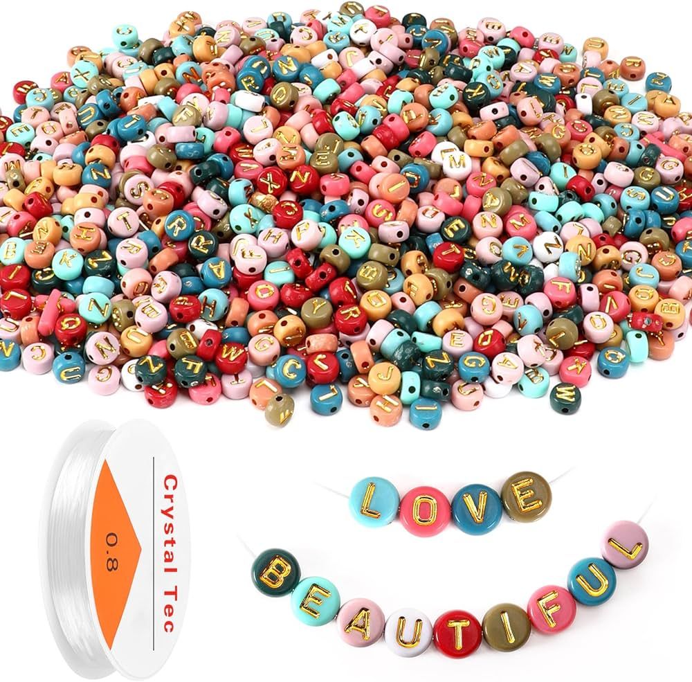 Colored Letter Beads, DECYOOL 1900Pcs 4×7mm Colorful Gold Acrylic Alphabet Beads with 1 Roll Ela... | Amazon (US)