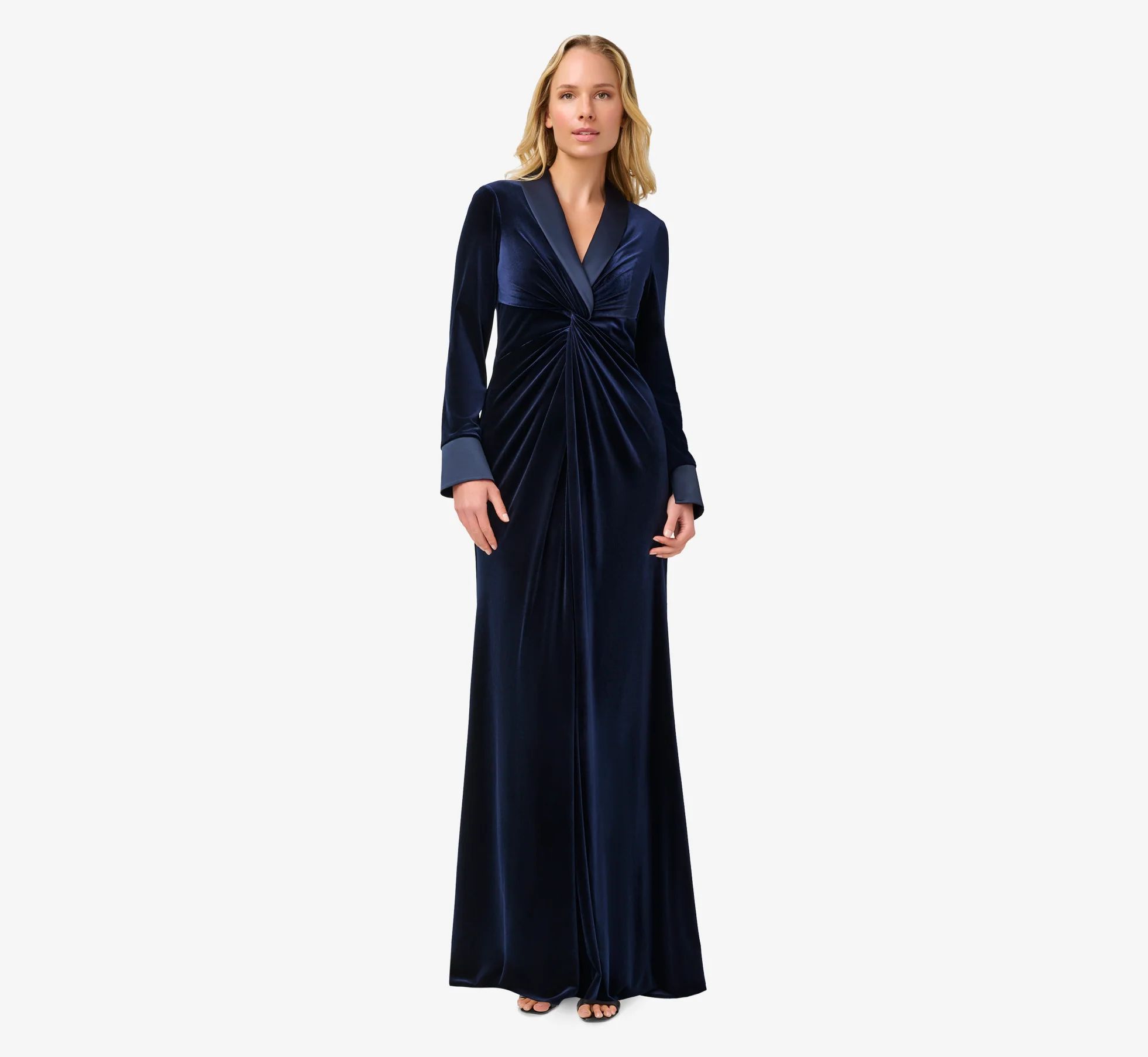 Velvet And Charmeuse Twist Front Long Tuxedo Gown In Midnight | Adrianna Papell