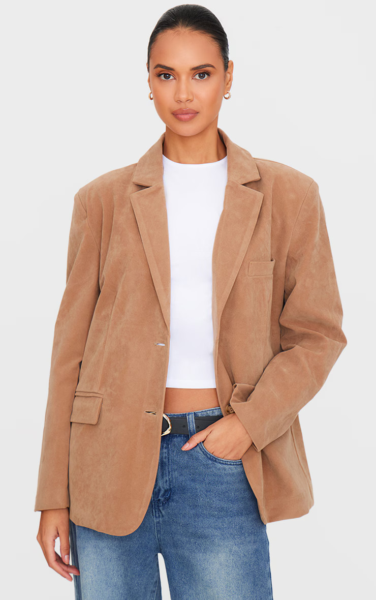 Tan Faux Suede Longline Blazer | PrettyLittleThing UK