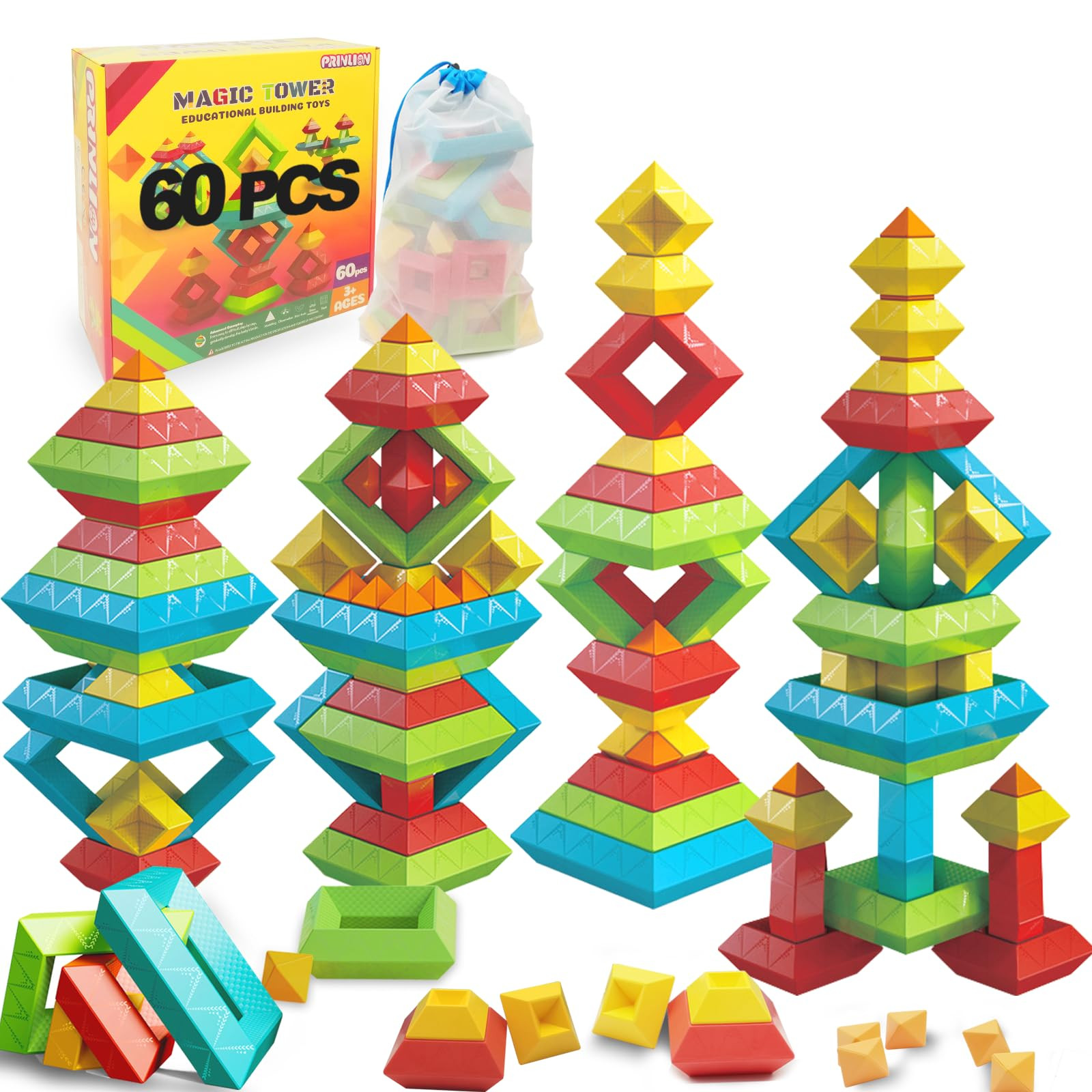 Stacking Toys Building Blocks for Toddlers 60 PCS Montessori Toys for 3 4 5 6 Year Old Sensory Toys Preschool Learning Activities Stem Educational Pyramid Magic Tower Gifts Set for Kids Boys Girls | Amazon (US)