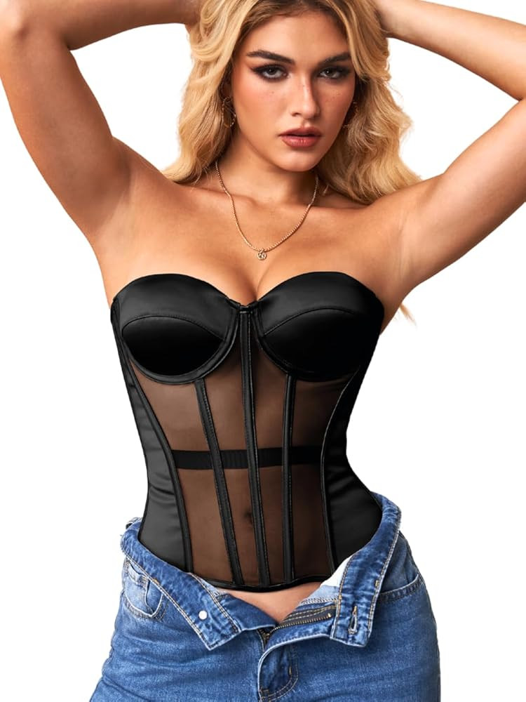Kaei&Shi Strapless Sheer Mesh Corset,Push Up Shapewear Corsets Top For Women Lace Up Fit Size 0-1... | Amazon (US)