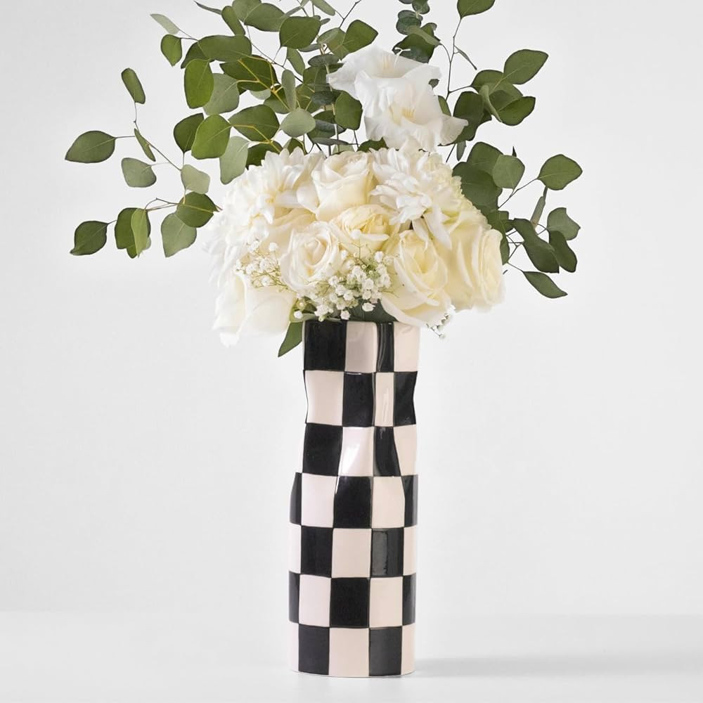 Large Checkered Vase, Modern Home Decor, Decorative Ceramic Flower Vase, Aesthetic Black & White ... | Amazon (US)