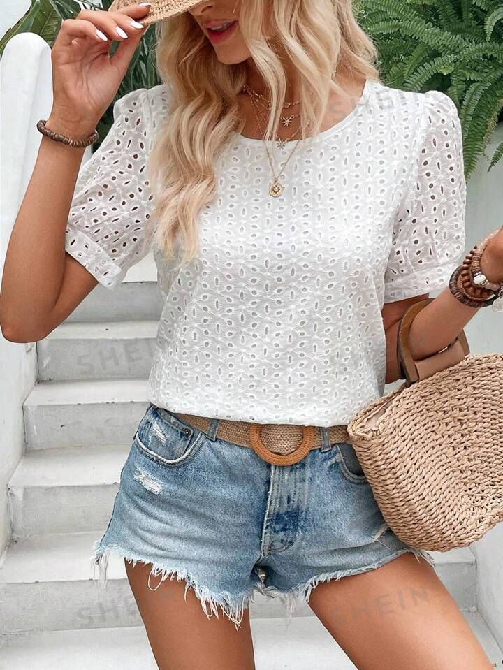 SHEIN LUNE Eyelet Embroidery Puff Sleeve Blouse | SHEIN