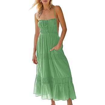 Wenrine Women's Summer Dresses Casual Long Spaghetti Straps Backless Self Tie Tiered Flowy Maxi D... | Amazon (US)