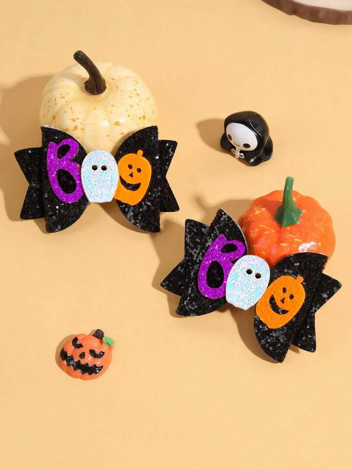 2pcs Halloween Ghost Hair Bow Clips For Girls Cute Sparkly Glitter Bow Hairpins Party Quirky Barrettes Halloween Gifts Hair Accessories Wome Hair Accessories | SHEIN