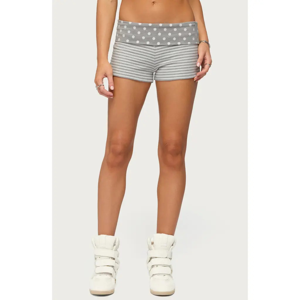 EDIKTED Presley Stripe & Polka Dot Foldover Shorts in Light-Gray-Melange-And-White at Nordstrom, Size Medium | Nordstrom