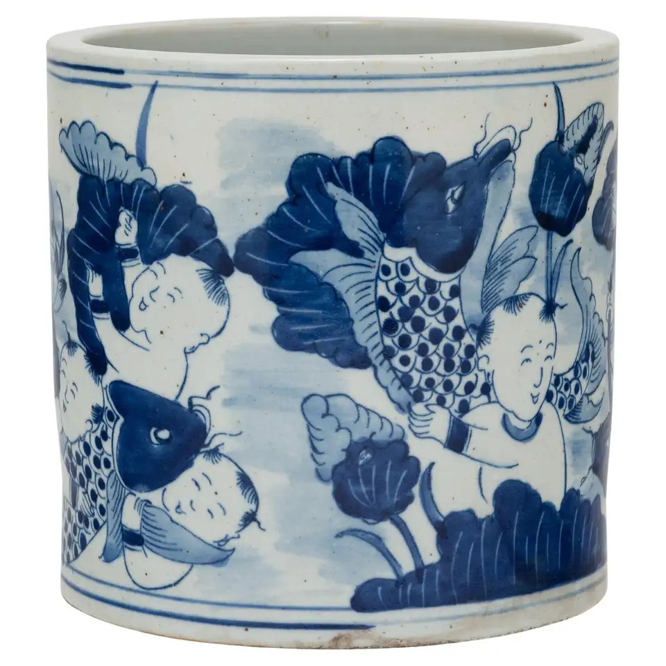 Blue and White Brush Pot with Koi & Lotus | 1stDibs