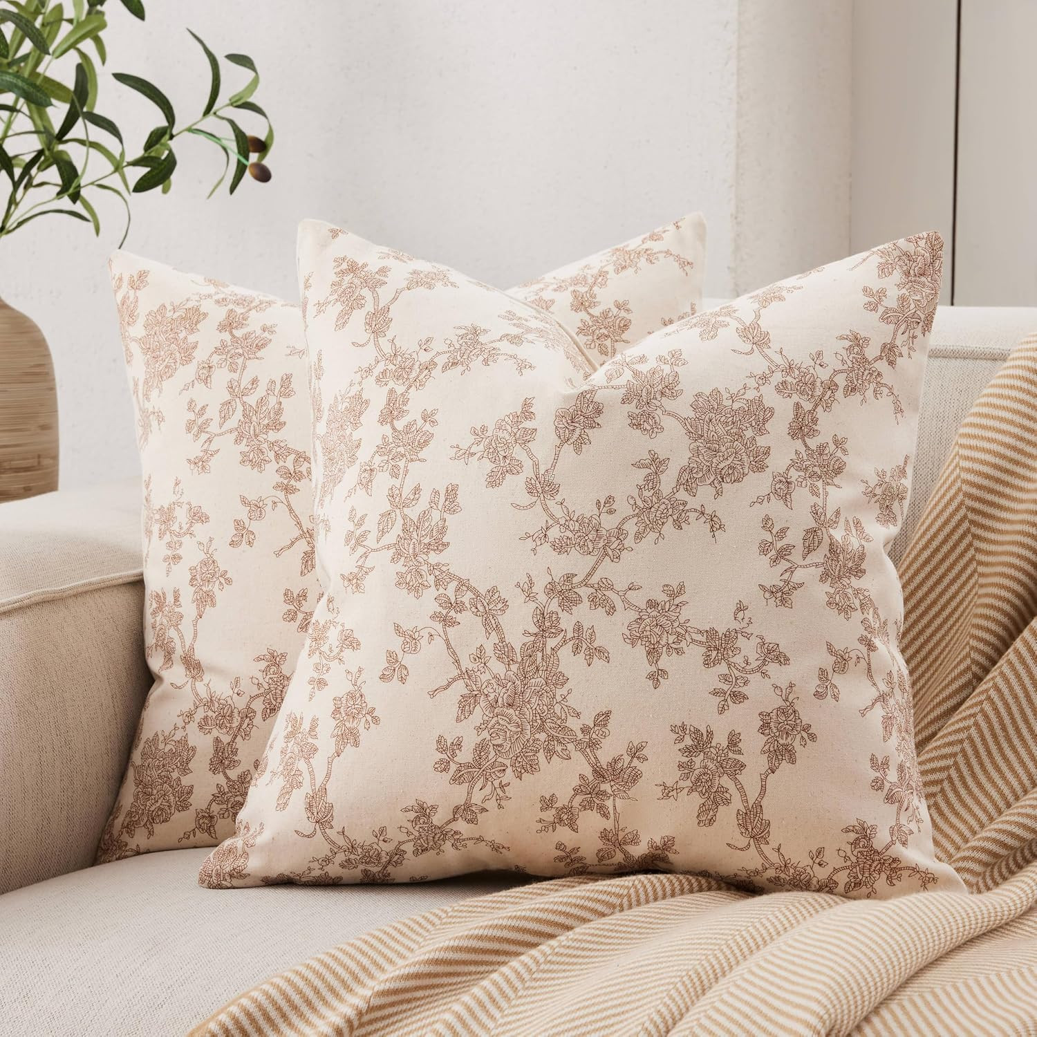 100% Cotton French Pastoral Throw Pillow Covers Set of 2, 20x20 Inch Double Sided/Brown, Farmhous... | Amazon (US)