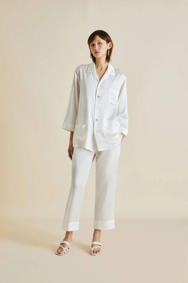 Fifi Ivory White Pajamas in Silk Satin | Olivia von Halle