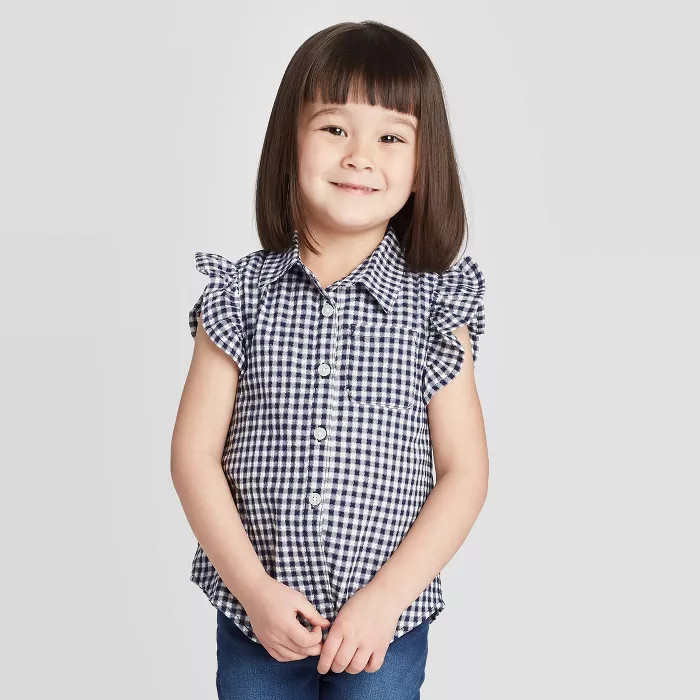 Toddler Girls' Gingham Button-Down Blouse - Cat & Jack™ Navy | Target