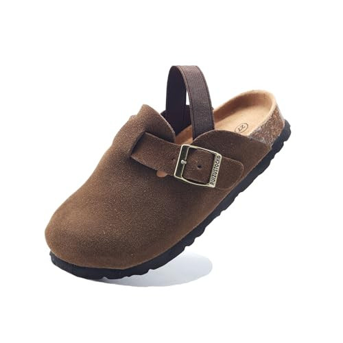 Hezeisoar Boys Girls Suede Clogs Unisex Toddler Slip-on Slippers Kids Outdoor Indoor Flat Shoes Classic Cork Adjustable Buckle Mules Cute Sandals Coffee | Amazon (US)