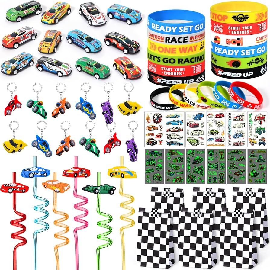 Winrayk Race Car Party Favors Birthday Supplies Drinking Straw Checkered Bag Mini Pull Back Car B... | Amazon (US)